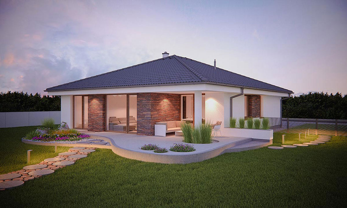 bugle Bungalov na úzky pozemok.  Projekty domov - vizualizácia 01