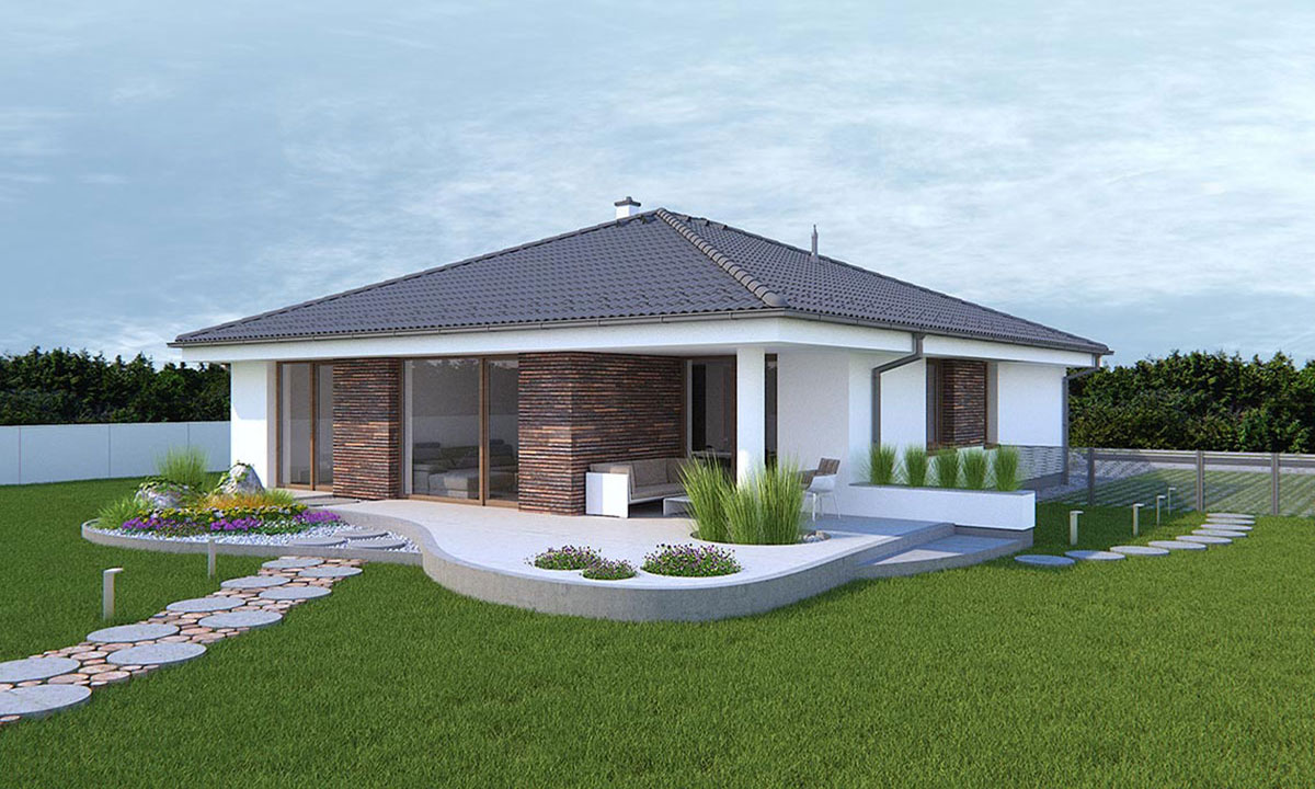 bugle Bungalov na úzky pozemok.  Projekty domov - vizualizácia 02