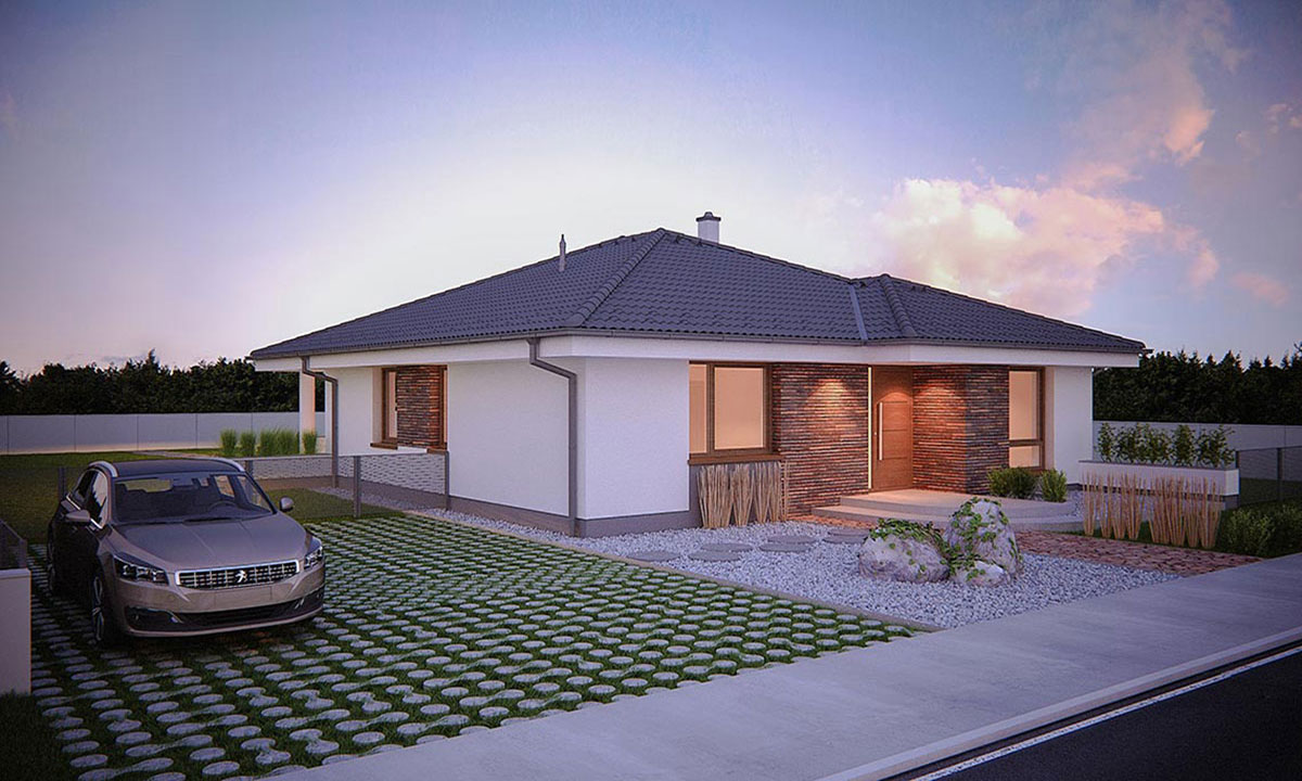 bugle Bungalov na úzky pozemok.  Projekty domov - vizualizácia 03