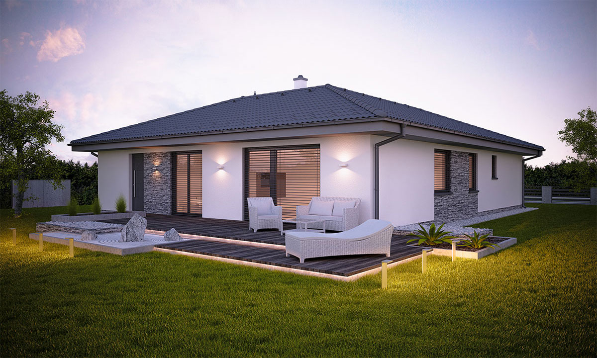 citole Projekty domov bungalov so šikmou strechou do tvaru L s garážou - vizualizácia 01